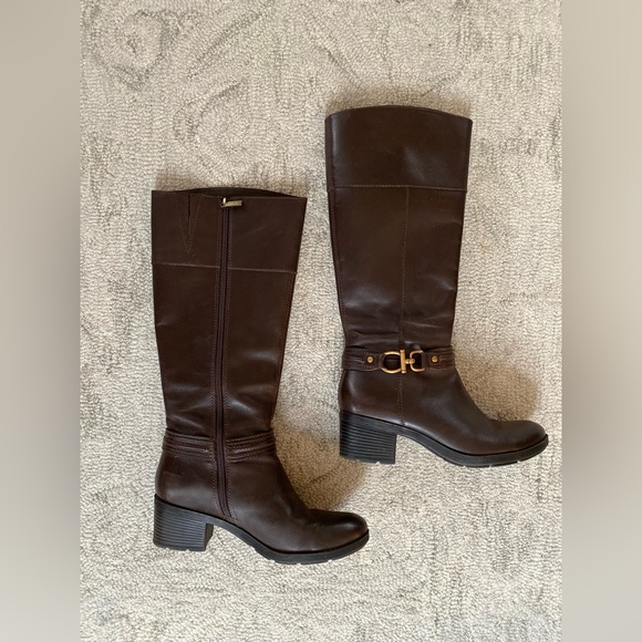 Bandolino Shoes - Bandolino Real Leather Almond Toe Knee High Heeled Riding Boots Size 7 1/2